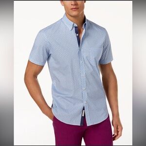 CON.STRUCT Slim Fit Short Sleeve Button Down Shirt Blue Geometric Print Sz Small